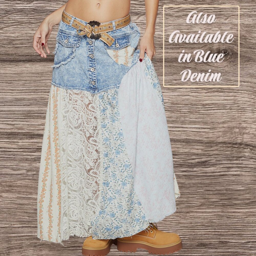 POL Denim Lace & Floral Flowy Baggy Mixed Fabric Cotton Twill Maxi Jean Skirt - Picture 10 of 13